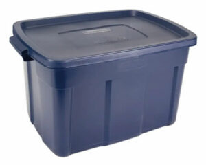 A product image of a blue Rubbermaid Roughneck Tote with lid.